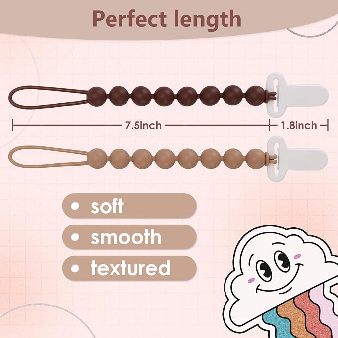 4-Pack Silicone Pacifier Clips with One-Piece Beads for Baby Boys and Girls - Flexible and Rust-Free Holders for Teething Relief and Baby Essentials, Safe for Newborns (Brown)