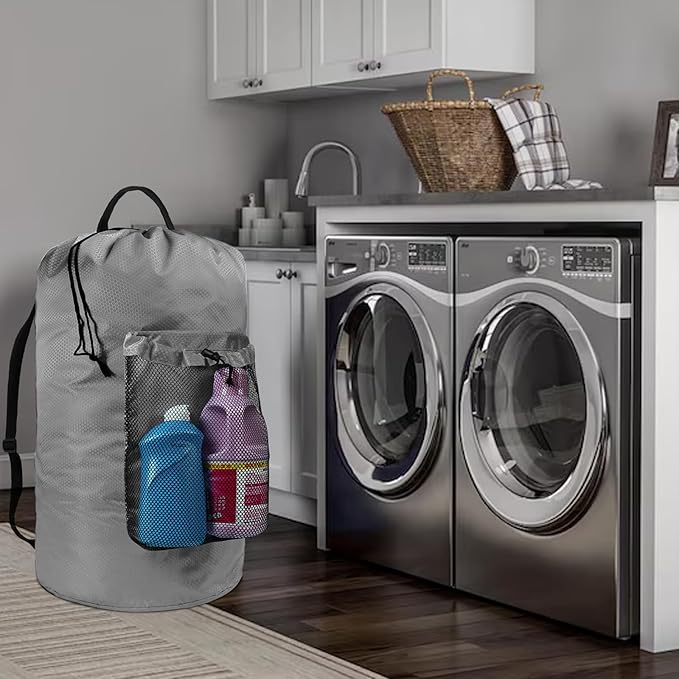 Laundry Bag with Shoulder Straps and Mesh Pocket Laundry Backpack Large Portable Laundry Hamper for College Laundromat Apartment (Gray)