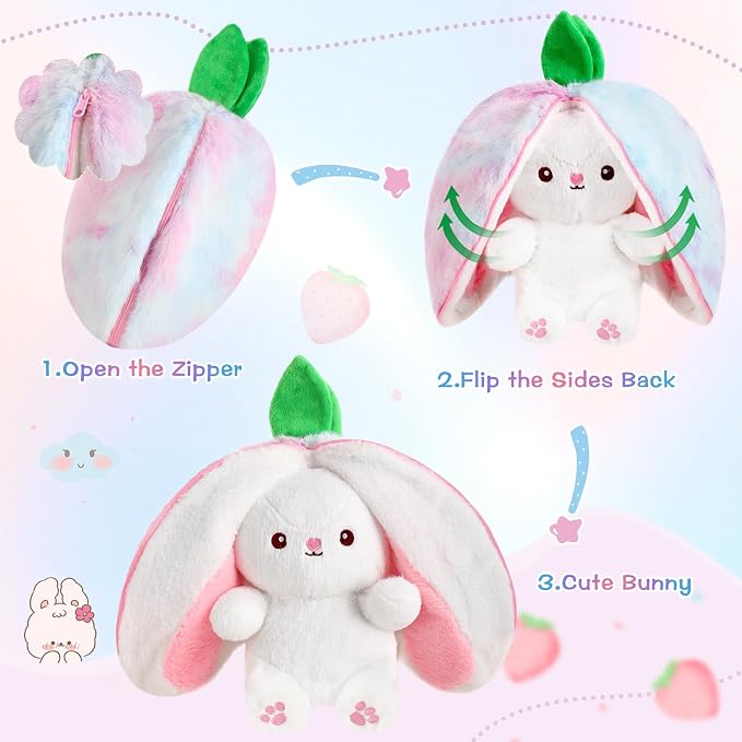 MIAODAM Strawberry Bunny Stuffed Animal, Cute Reversible Plush Strawberry to Rabbit Doll, Funny Bunny Toy for Babies and Children (7 Inch)