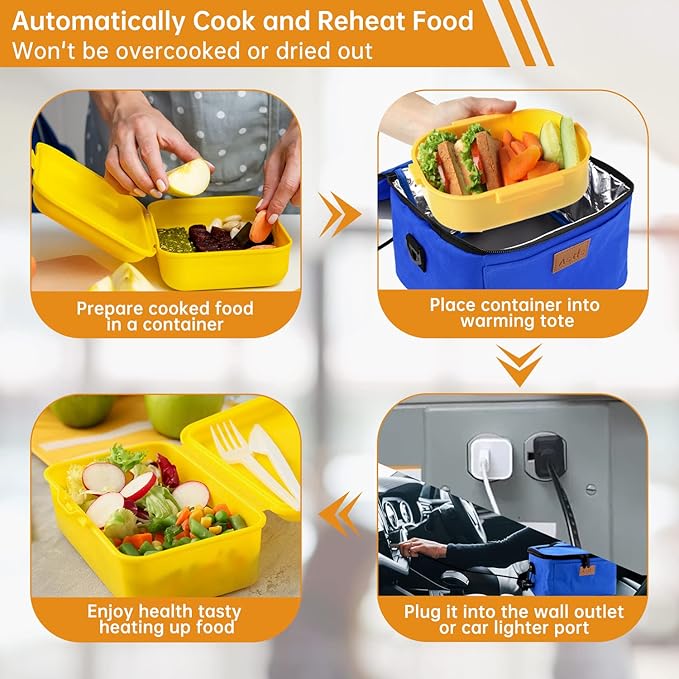 Aotto Portable Oven, Electric Lunch Box Food Heater - 12V/24V/110V 3-in-1 Car Food Warmer - Heated Lunch Box for Adults - Cook, Reheat & Keep Meals Warm for Car, Truck, Travel, Work, Home - Blue