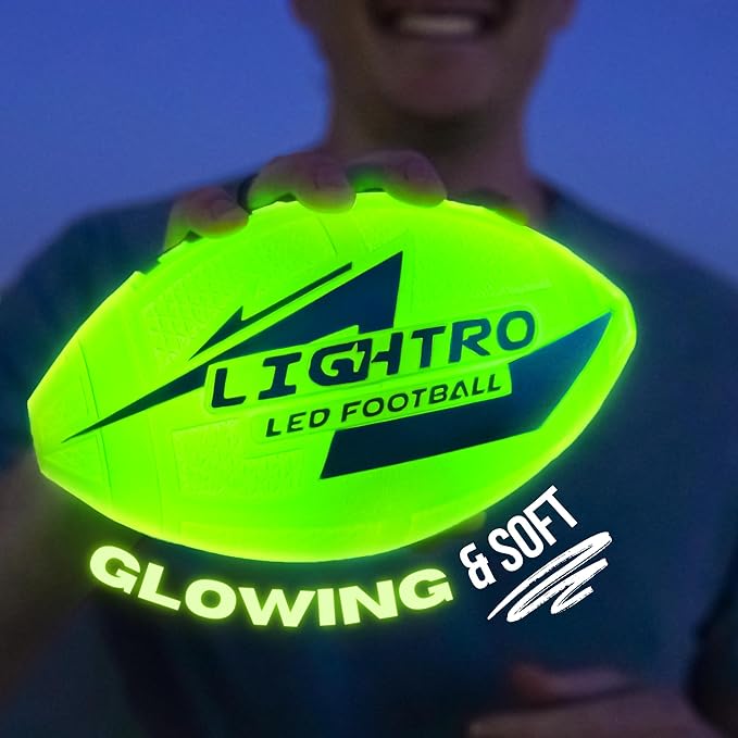 LIGHTRO - Soft Foam Glow in The Dark Football - 8" Youth Size - Super Bright LEDs - Batteries Included - LED Football - for Kids 6 7 8 9 10 11 12 - Light Up Gift for Birthdays - Kids & Boys