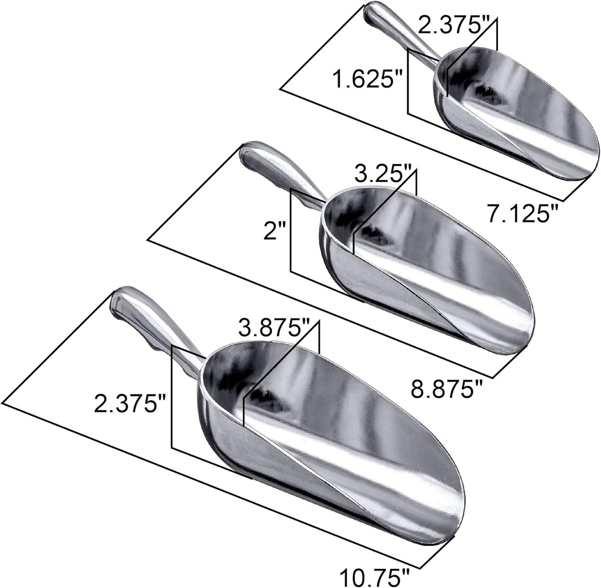 Amazing Abby - Elsa - Aluminum Ice Scoops (3-Piece Set), Cast Aluminum Utility Scoops, 5/12/24-Ounce Capacity, Food-Grade, Good for Home and Commercial Use, NOT Dishwasher-Safe, Hand-Wash Recommended