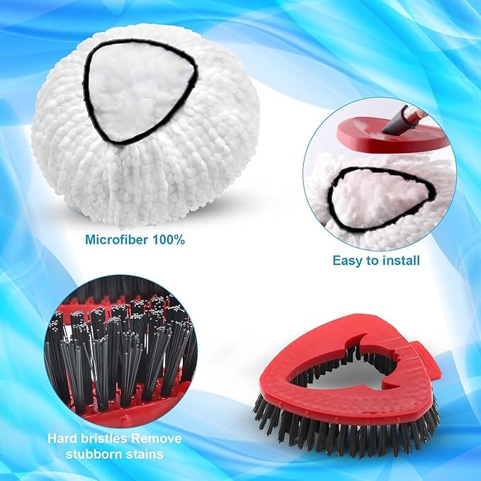 2 Pack Spin Mop Heads Replacement Compatible with O Cedar EasyWring 1Tank, Upgraded Scrub Brush,4 Section Mop Handle and 1 Base Combo Set, Microfiber Replace Head Refill
