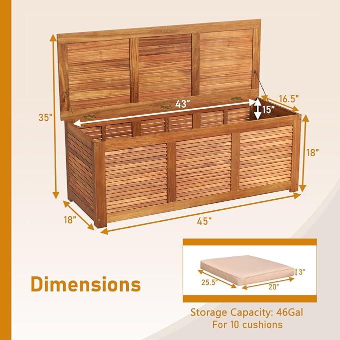 RELAX4LIFE Deck Box Acacia Wood, 46 Gallon Backyard Storage Bin Container for Patio Furniture Cushions, Pillows, Garden Tools, Pool Accessories, Wooden Porch Bench, Indoor Outdoor Storage Box (46 Gal)