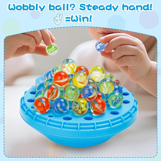 Marble Balance Game - 50 Colorful Marbles with Built-in Storage, Fun Family Challenge for 1-4 Players, Educational Toy for Kids & Adults, Perfect for Parties, Travel & Birthday Gifts (Blue)