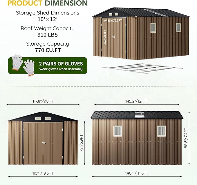 Breezz Outdoor Storage Shed 10 x 12 ft. Utility Tool Shed Metal Storage Garden Shed with Lockable Doors & Windows for Patio Storage,Brown