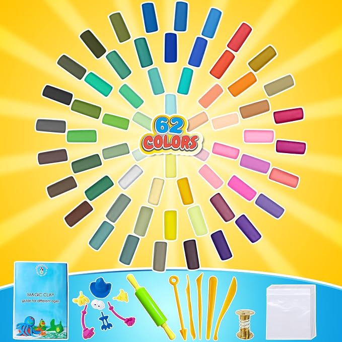 ESSENSON Modeling Clay Kit - 62 Colors Air Dry Magic Clay, Best Gift for Boys & Girls Age 3-12 Year Old, DIY Molding Kids, with Sculpting Tools, Decoration Accessories, Kids Art Crafts