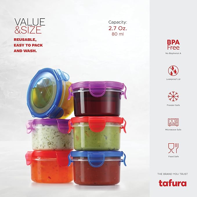 Salad Dressing Container to go, 6 Pack | 2.7 Oz. Dressing Containers for Lunch Box | Small Containers with Lids | Dip Containers for Lunch Box | Condiment Containers with Lids, Leakproof, BPA Free