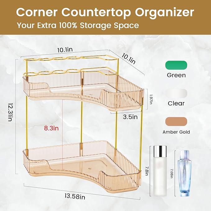 NATURE'S SOURCE Makeup Organizer for Vanity, 2-Tier Corner Bathroom Organizer Countertop with Makeup Brush Holder, Corner Counter Storage for Bathroom Dresser-Amber Gold