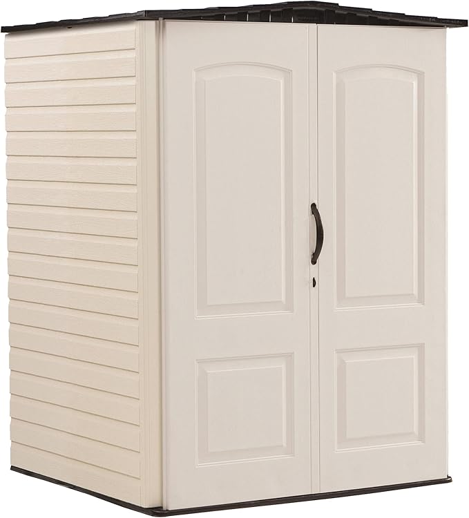 Rubbermaid Large Vertical Resin Outdoor Storage Shed With Floor (5 x 6 Ft), Weather Resistant, Brown, Organization for Home/Backyard/Garden Tools/Lawn Mower/Bike Storage/Pool Supplies