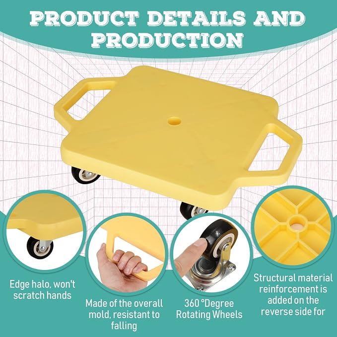 Jerify 4 Pieces Sports Scooter Board with Handles Plastic Casters Floor Sitting Scooter Boards for Kids Children Gym Indoor Outdoor Activities Play Equipment, 11.22 x 11.22 inch