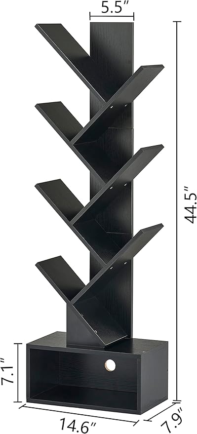 Hoctieon 6 Tier Tree Bookshelf, Tall Bookcase with Drawer, Freestanding Book Shelf, Display Floor Standing Storage Shelf, Book Organizer Shelves for Home Office, Living Room, Bedroom, Black
