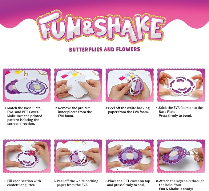 Artnedu Shake-its– Fun&Shake Kit de artesanato com Glitter para crianças, artes e artesanato DIY com chaveiros,Flowers & Butterflies,Creative Gift for Girls & Boys Ages 4, 5, 6, 7, 8, 9, 10