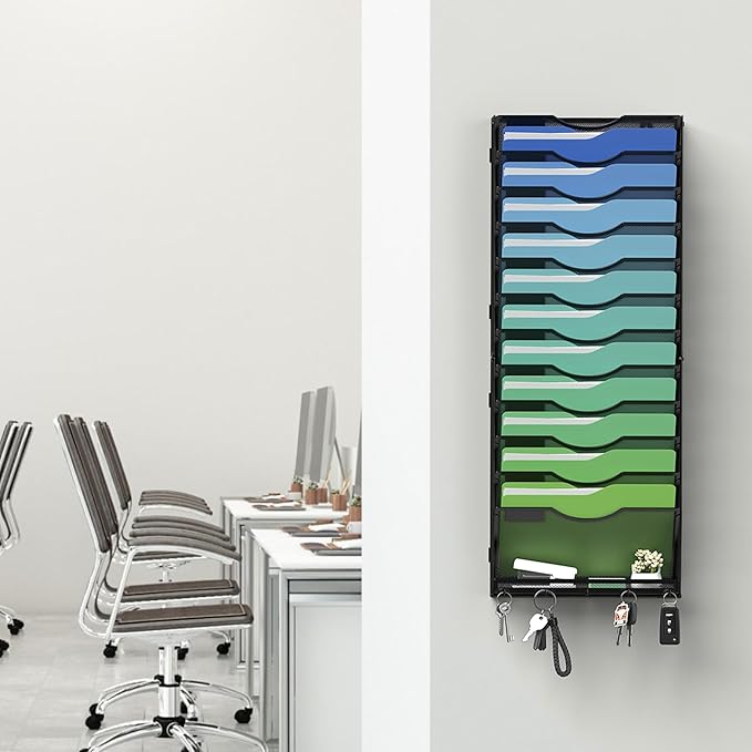 Kuntine.B Wall File Organizer Office Hanging Magazine Holder Wall File Organizer for Office Home (Black, 13 Tier & Key Holders)