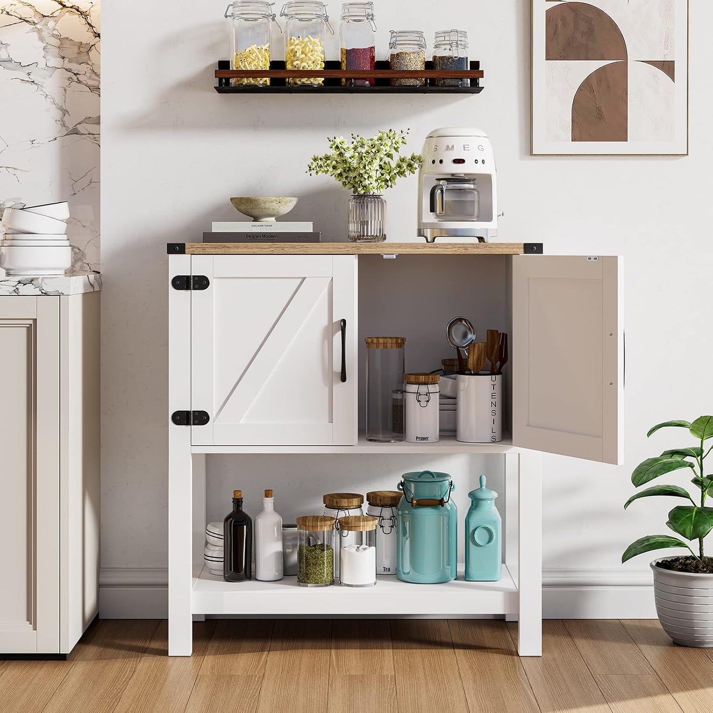 Console Table Coffee Bar Cabinet Sofa Table,31.5 L x 13.8 D x 34.65 H,Entryway Table with 2 Storage Cabinets, Farmhouse Buffet Sideboard for Kitchen, Foyer,Hallway (White)