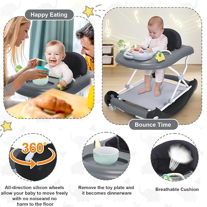 Foldable Baby 5-in-1 Activity Walker - Rocker, Activity Center, Bouncer, Seat Walker, Push Walker - Adjustable Speed Rear Wheels and Height Toys Ages 6-18 Months… (Black)
