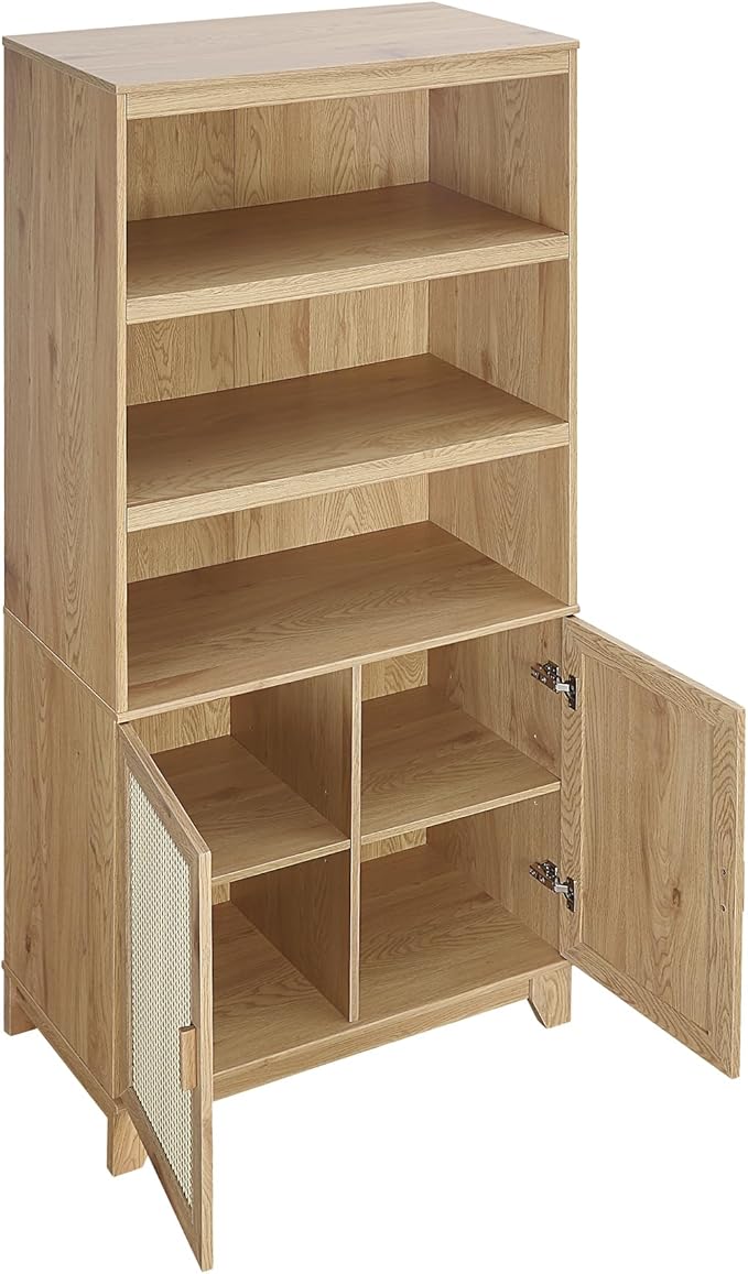 Manhattan Comfort Sheridan Modern Cane Bookcase with Adjustable Open Shelves, Soft Close Doors, and Concealed Compartments, Versatile 3 Tier Bookshelf Storage for Home and Office, Set of 2, Nature