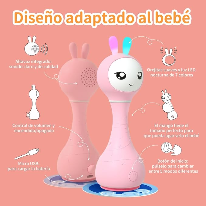 alilo Sonajero Musical para Bebés 0-12 Meses, Juguete con Luz, 66 Sonidos, 15 Canciones, 13 Cuentos, 5 Canciones de Cuna, Ruido Blanco, Reconocimiento de Colores, Regalo Recién Nacido