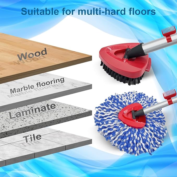 2 Pack Spin Mop Heads Replacement Compatible with O Cedar RinseClean 2 Tank, Upgraded Scrub Brush,4 Section Mop Handle and 1 Base Combo Set, Microfiber Replace Head Refill