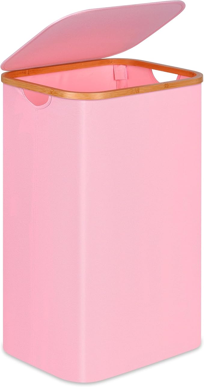100L Laundry Hamper with Lid, Lagre Basket with Bamboo Handles,Foldable Clothes Hamper Tall Dirty Laundry Basket for Clothes Toys Towels Organizing,Pink