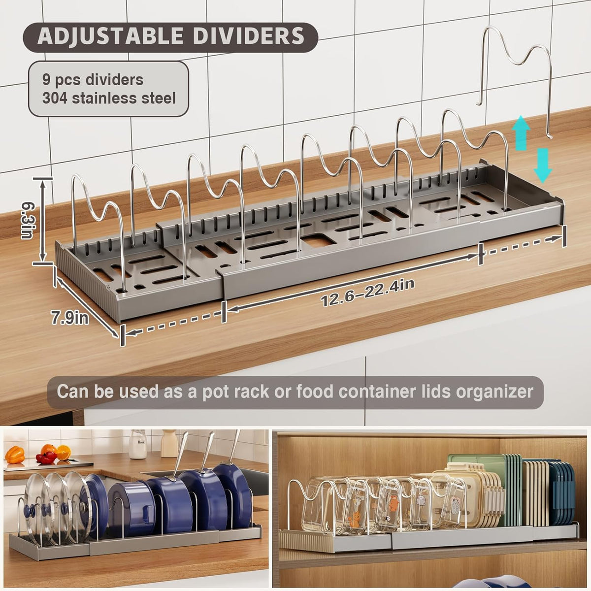 2 Pack Expandable Food Storage Container Lid Organizers, 22" Pots and Pans Organizer Under Cabinet with 9 Adjustable Dividers Pot and Pan Lid Holders Rack Inside Cabinet(Gray)