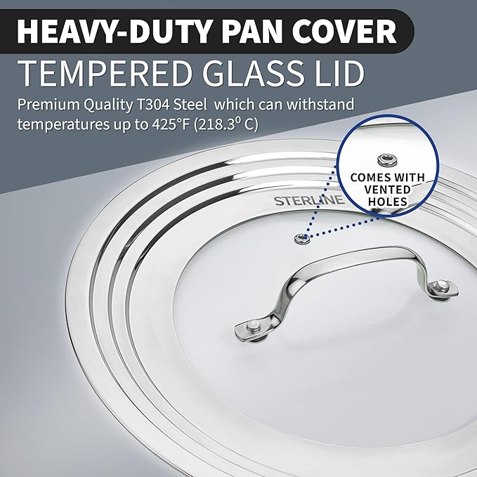 Universal Lids Set with Tempered Glass Top - Fits 5-12 Inch Pots, Pan, and Skillets - Set of 2, Large and Small, Stainless Steel Replacement Pot Lid for Kitchen Organizing, Space Saving