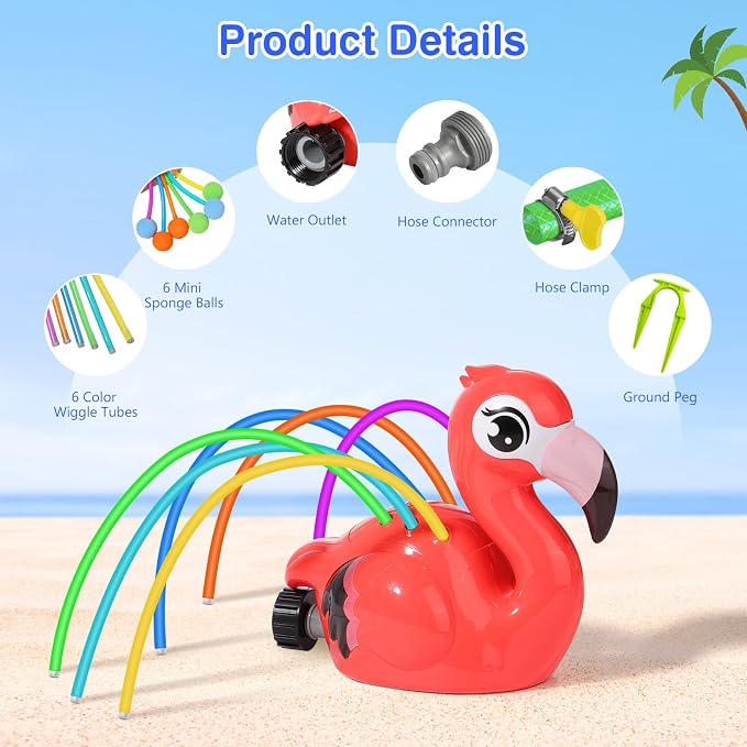 MoKo Water Sprinkler for Kids,Cute Spray Flamingo Toys with 6 Wiggle Tubes 6 Sponge Balls 1 Hose Clamp Outdoor Summer Sprinklers for Garden Backyard Lawn Splashing Fun Toys for Pet, Red Flamingo