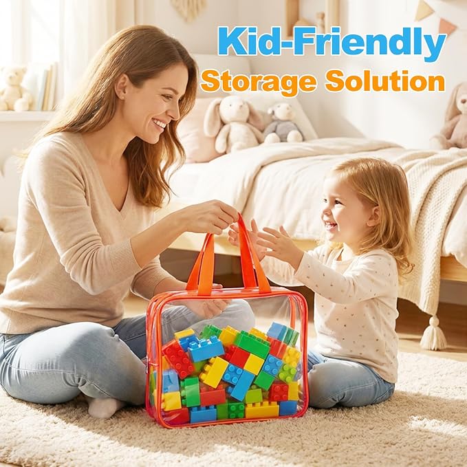 6 Pack Clear Toy Storage Bags with Zippers, Multi-Color Toy Organizer with Handles, Premium Plastic Toy Organizers and Storage for Building Blocks, Lego, puzzle, Crafts, Travel Essentials