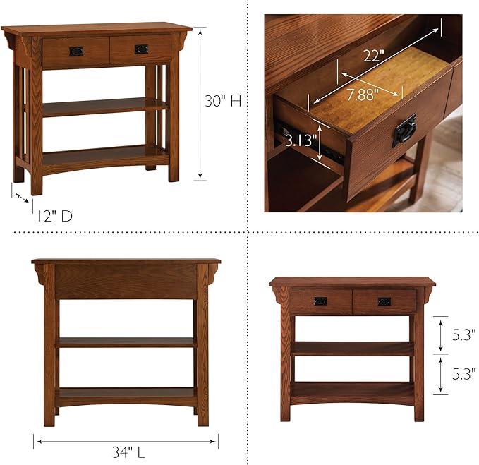 Leick Home Mission Impeccable Bookshelf, Solid Wood, 2 Drawers, 2 Shelves, Slatted Sides, Blackened Hardware, Easy Assembly, Russet Brown, 12 in D x 34 in W x 30 in H, Item 8261