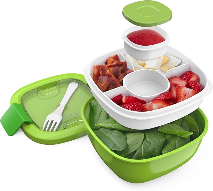 Bentgo Salad Container - 54 oz Bowl with 4-Compartment Toppings Tray, Leak-Proof Dressing Container, Reusable Fork, BPA-Free Lunch Box for Meal Prep & Food Storage; Removable Bento Tray (Green)