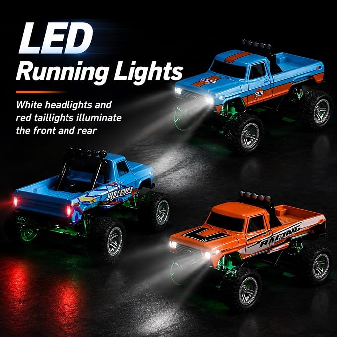 1:64 Scale Mini Remote Control Monster Truck with Trailer | 2.4GHz & App Dual Control, Alloy Mini RC Car with LED Lights, Portable Pocket Toy Car for Kids & Adults, Gift for Boys (Orange)