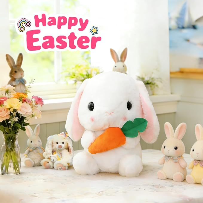 HOUPU Soft Toy - Sitting Lop Eared Rabbit, Easter White Rabbit Stuffed Bunny Animal with Carrot Soft Lovely Realistic Long-Eared Standing Pink Plush Toys (White-Carrot,12.5in/32cm)