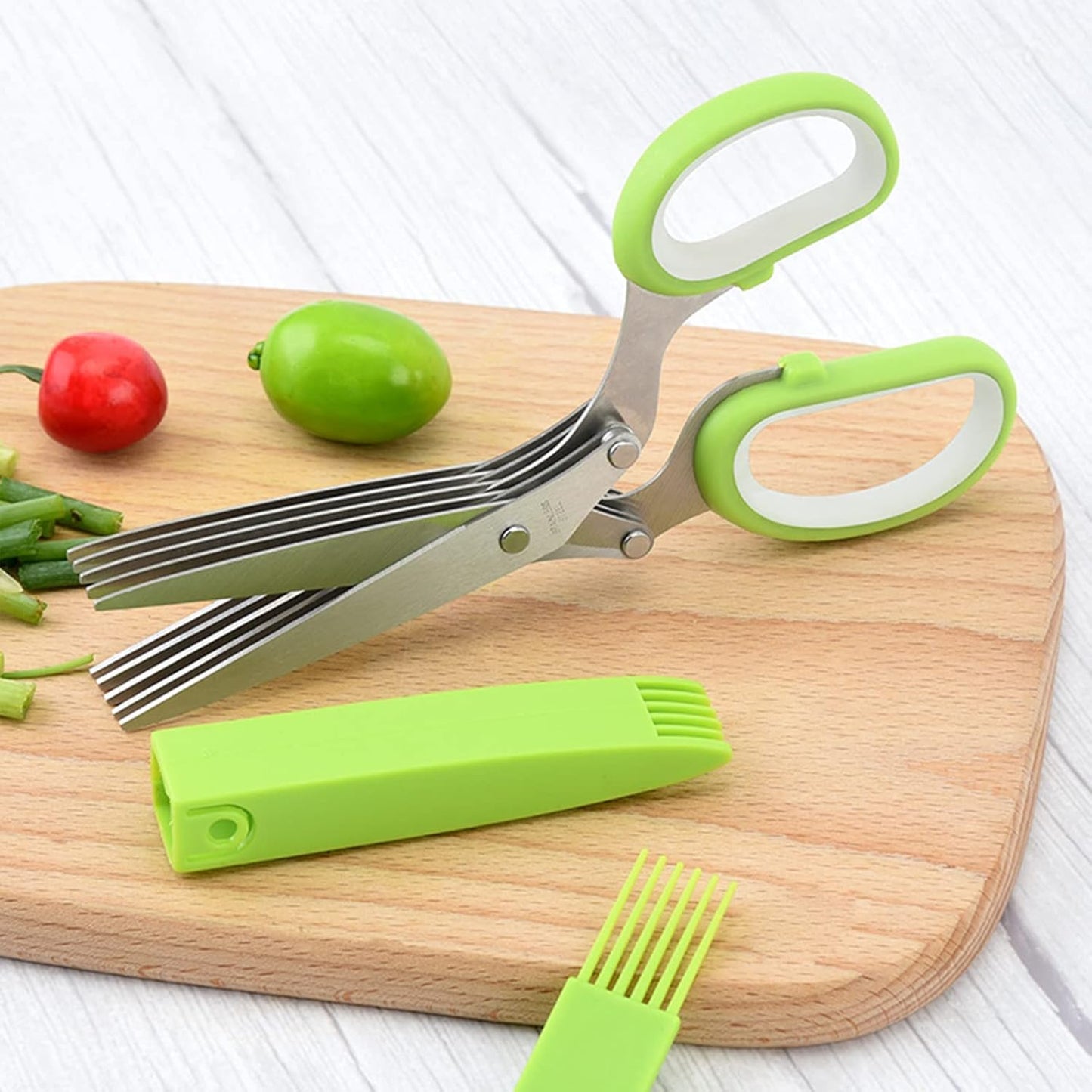Gourmet Herb Scissors Set Multipurpose Cutting Shears with Stainless Steel 5 Blades, Herb Stripper, Safety Cover Cleaning Comb for Cutting Cilantro Onion Salad (Green)