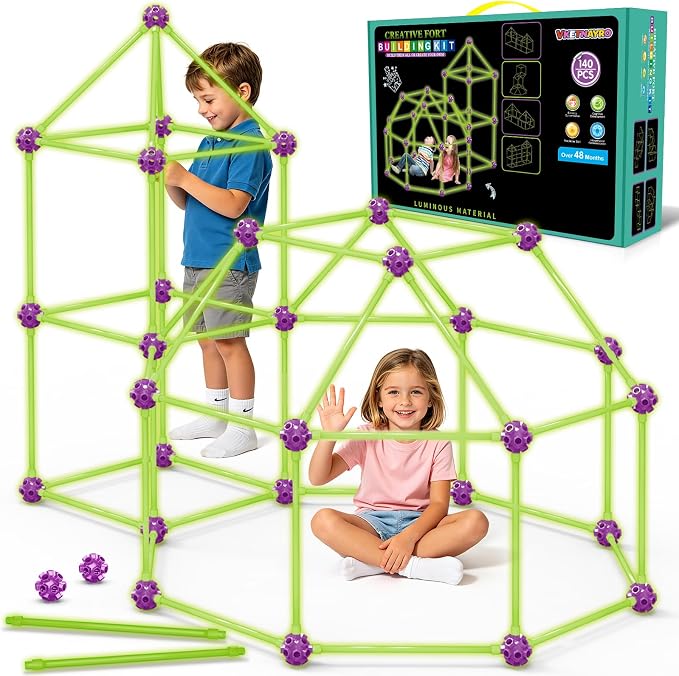 Glow In The Dark Fort Building Kit for Kids Age 4, 5, 6, 7, 8+ Years Old, STEM Building Toys for Indoor Outdoor, kids Creative Construction Toys Set, Christmas Birthday Gifts for Boys & Girls, 140 Pcs