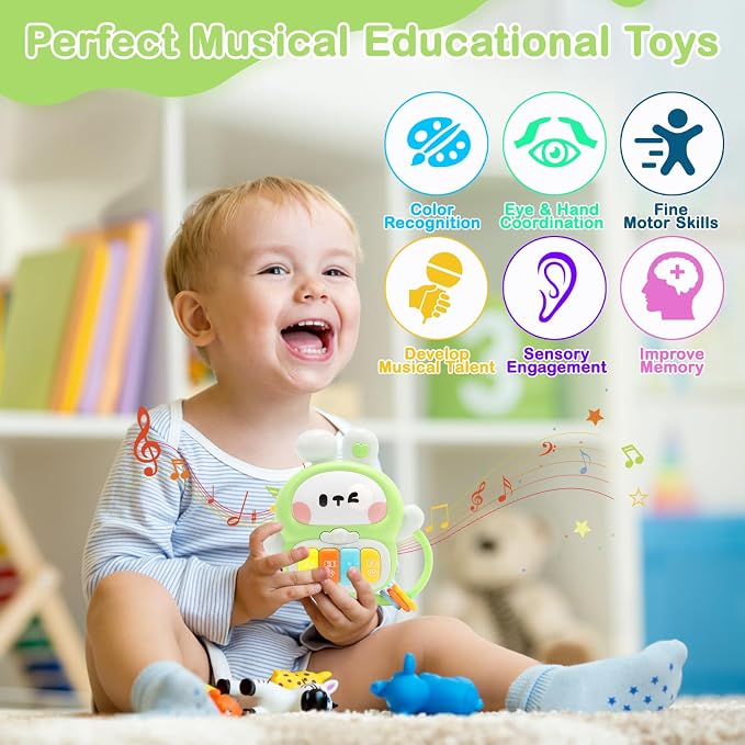 Baby Musical Toys 6-12 Months, Rabbit Piano for Baby Musical Toys for Toddlers 1-3, Busy Board with Music & Light, Birthday Toy for Infant Toddler 1 Year Old Boy Girl Gifts (Green)