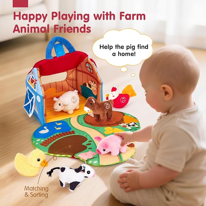 hahaland Baby Toys 6-12 Months - Surprise Barn with Stuffed Farm Animals with Real Sounds - Montessori Toys for 6 Month Old Baby Gifts Toddlers Sensory Toy 1 Year Old Boy Girl Gifts Infant Toys