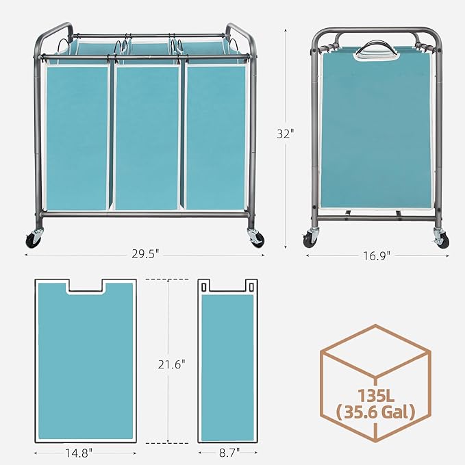 STORAGE MANIAC 3 Section Laundry Sorter, 35.9 Gal (136 L) Laundry Hamper Cart with Heavy Duty Rolling Lockable Wheels and Removable Bags, Clothes Organizer Basket Clothes Separator Hamper, Blue