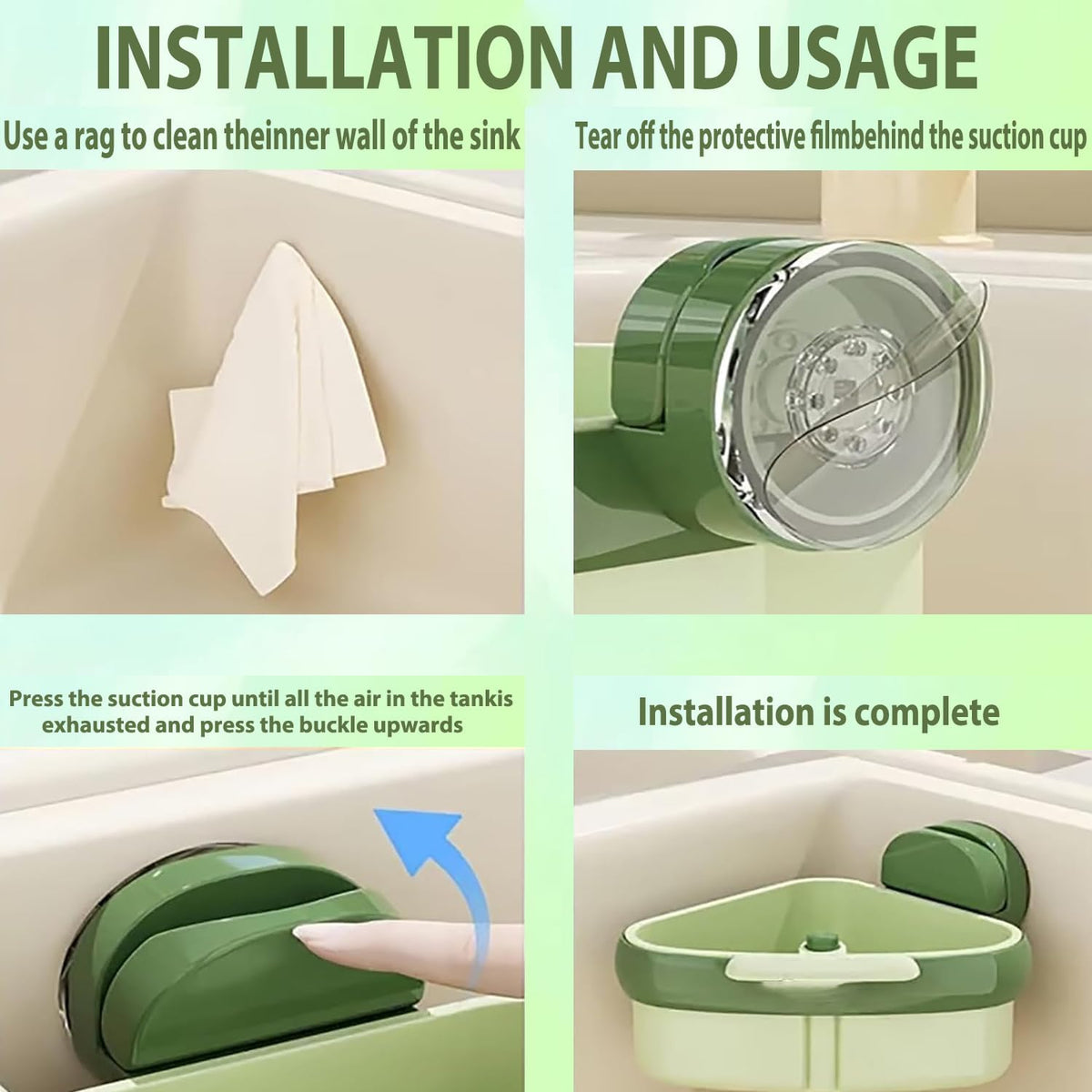 Suction Cup Sink Corner Rack,2025 New Upgraded Suction Cup Press S Ink Drainer Basket,Triangle Storage Rack with Drain Hole,Corner Sink Trash Catcher for Food Waste(Green)