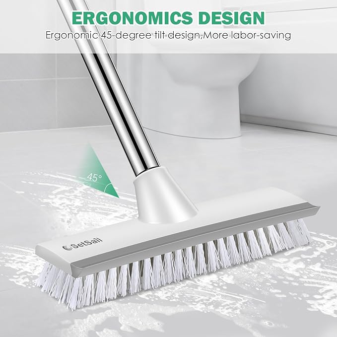 SetSail Floor Scrub Brush with 51-Inch Long Adjustable Handle 2 in 1 Scrape Brush Stiff Bristle Floor Scrubber for Cleaning Shower Bathroom Garage Kitchen Wall Deck Tub Tile, 2 Pack (Grey White)