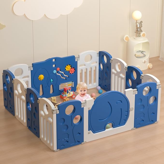 LulliSpace Baby Playpen,for Kids and Toddlers,Kids Activity Centre Safety Play Yard,Indoor&Outdoor Pattern Baby Fence with Game Panel, Safety Lock, Non-Slip Bases, Adjustable Shape,14 Panels