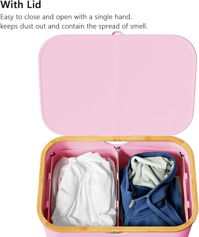 SpaceAid Double Laundry Hamper 2 Section with Lid and Removable Laundry Bags, 160L Clothes Basket with Bamboo Handles, Large Collapsible Hamper for Bedroom, Bathroom, Dorm, Laundry Room - Pink