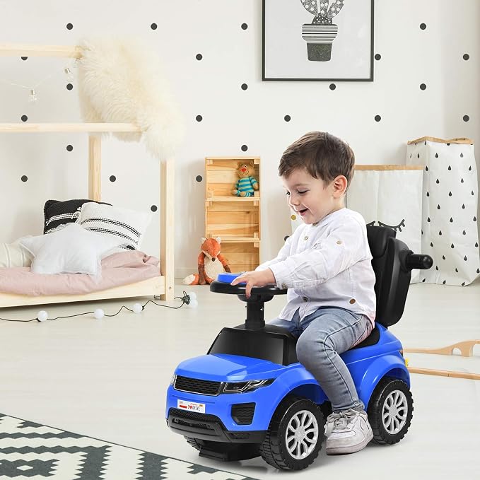 Costzon 3 in 1 Ride on Push Car, Stroller Sliding Walking Car with Horn, Music, Light, Under Seat Storage, Parental Handle, Armrest Guardrails, Ride on Toy for Boys & Girls (Blue)
