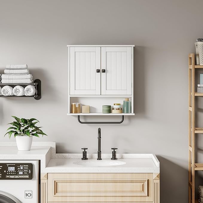 RRX Bathroom Cabinet Wall Mounted Medicine Cabinets with Towels Bar, Over The Toilet Storage Cabinet with 2 Doors and Adjustable Shelf, White Wall Cabinet for Bathroom Laundry Kitchen