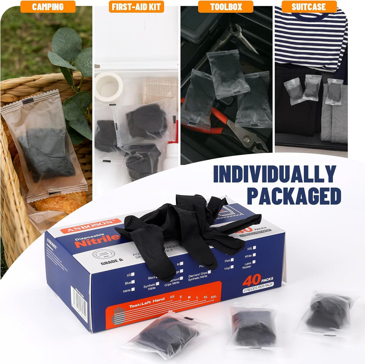Nitrile Disposable Gloves 5mil, Latex Free, Powder Free, 40 Pairs Individually Wrapped (80 Gloves), Strong Protective Gloves for Food Prep, Cleaning, Industrial, Salon, Household, Travel, Medium