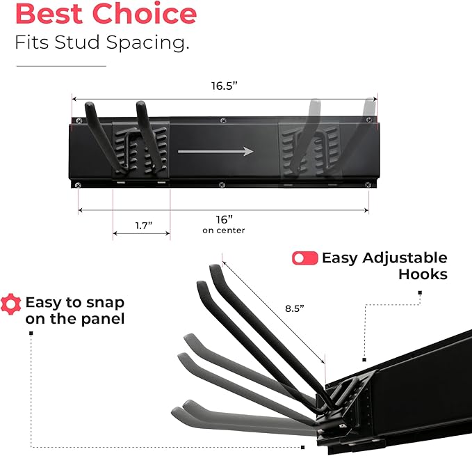 TIDYME Garage Tool Organizer Wall Mount - 96 inches - Sturdy Storage Rack with Adjustable Hooks, Anti-Rust - Easy Installation, 600lbs Capacity - Garden Tool Organizer (06 Racks & 12 Hooks)
