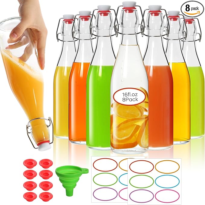 AuroTrends Swing Top Glass Bottles 16 oz 8Pack, Kombucha Bottles-Flip Top Glass Bottles with Lids, Vanilla Extract Bottles (16fl.oz/ 8Pack)