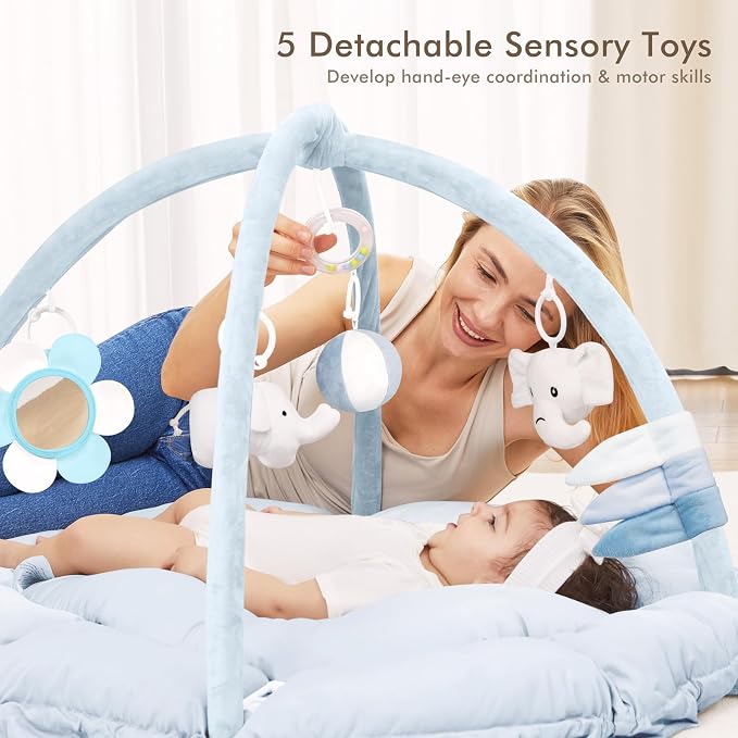 ANGELBLISS 5 in 1 Baby Play Gym Mat, Reversible Tummy Time Mat with 5 Sensory Toys for Stage-Based Developmental, Thick & Large Baby Activity Center from Newborn to Toddler (Light Blue)