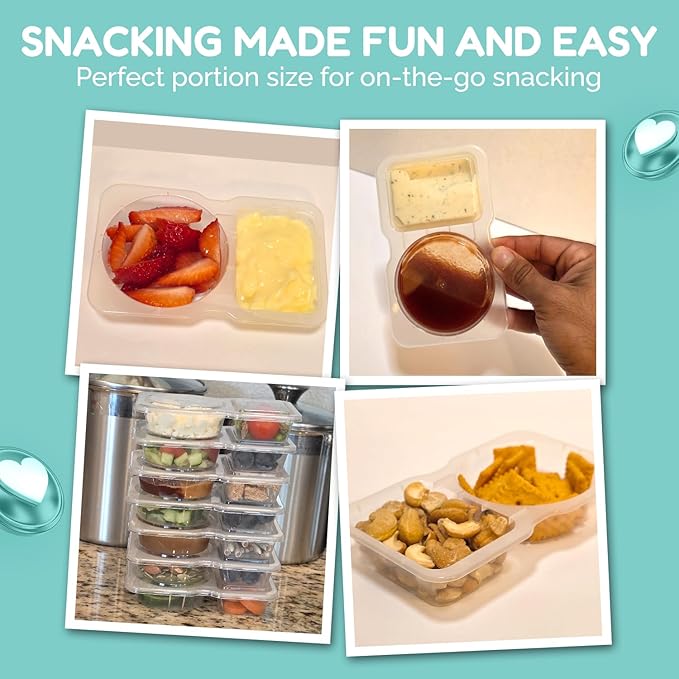Reusable Snack Containers with Lids 10Pcs, Portion control containers, Snack Pack Containers,2 Double Compartment Snack Containers for Kids On the Go Meals, Camping Condiment Snack Tray Prep