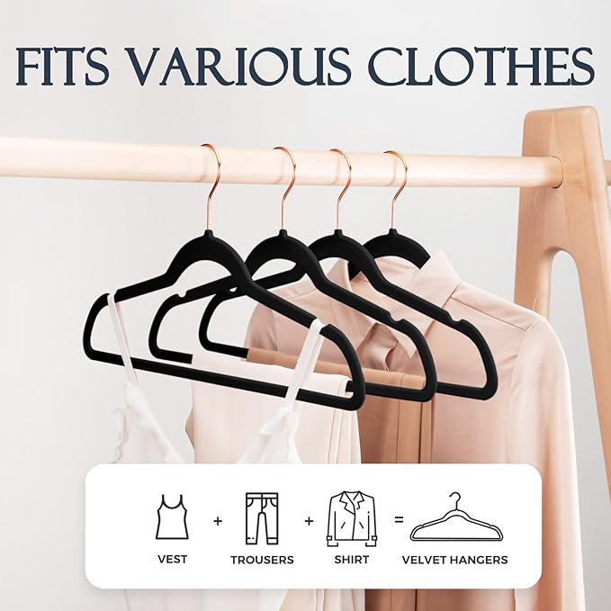 HOUSE DAY Black Velvet Hangers 20 Pack, Premium Non-Slip Felt Clothes, Sturdy Heavy Duty Coat, Durable Hangers for Suits, Space Saving with No Hanger Mark, 360° Swivel Rotating Rose Gold Hook
