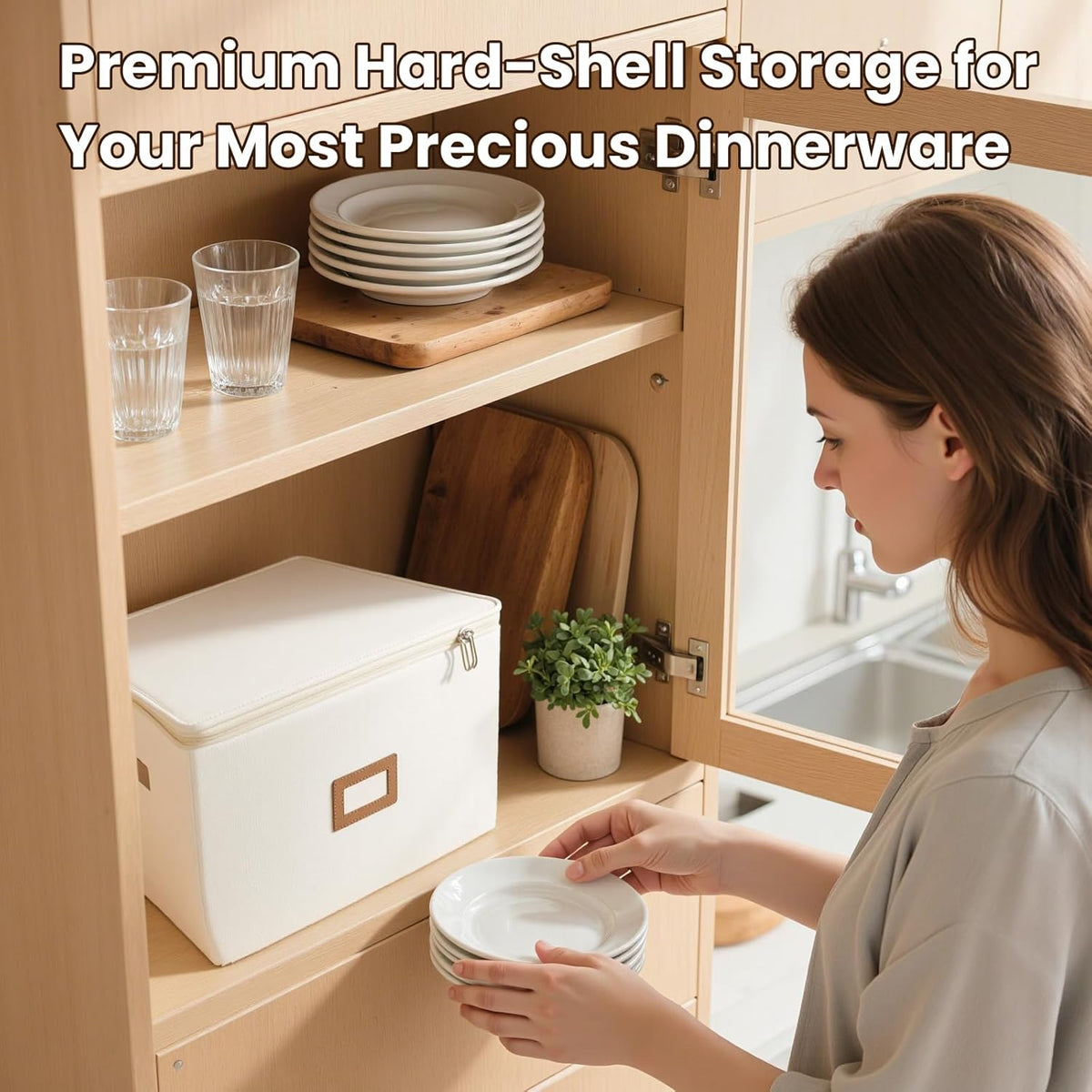 HOMELUX THEORY Flatware Storage Hard Shell China Storage Containers - Ivory Silverware Organizer, Cutlery & Silverware Storage Box with 5 Dividers & Lid, Packing Heavy Duty Moving Box with Handles